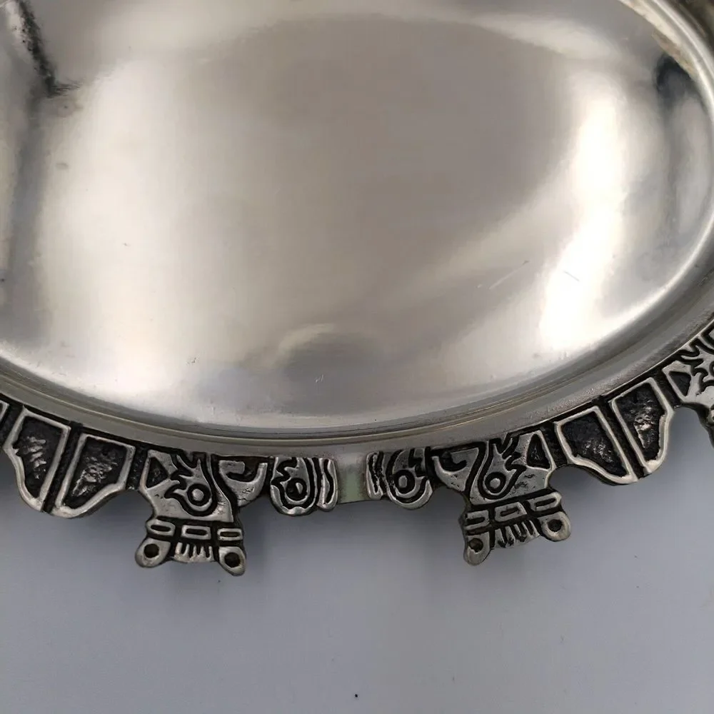 VTG Made in‎ Bolivia 97% Pewter Trinket Dish Oval Inca Tribal Indian Design FEMA